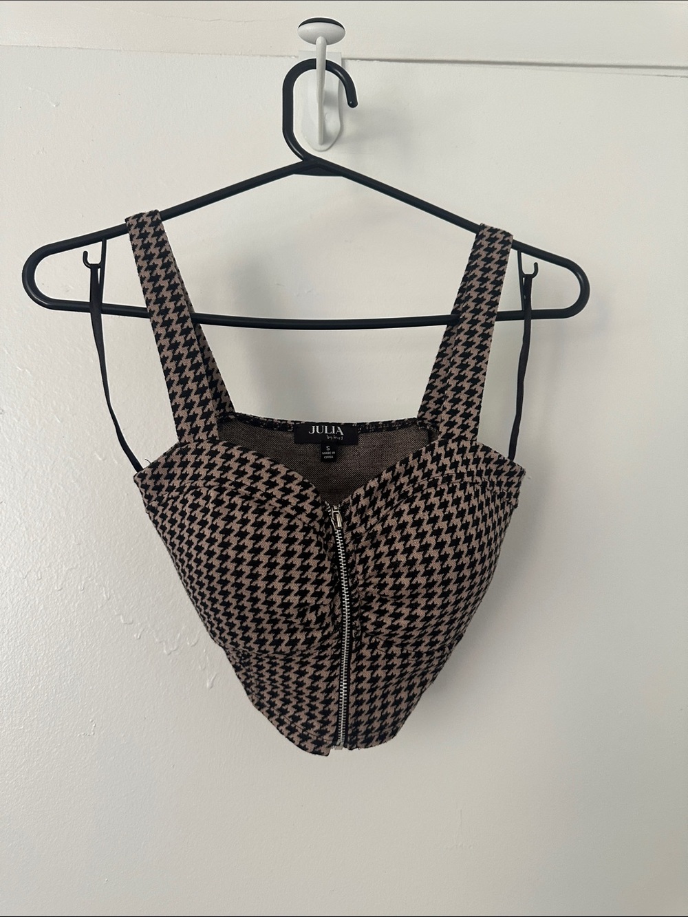 Julia Brown & Black Houndstooth Zip-Front Crop Top